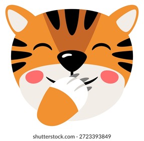 Rosto de tigre rindo com a mão sobre a boca. Emoji de anima animal