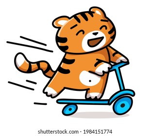 Laughing tiger riding scooter. Hand drawn vector illustration in cartoon style. Cute character for card, sticker, print, poster, t shirt design.