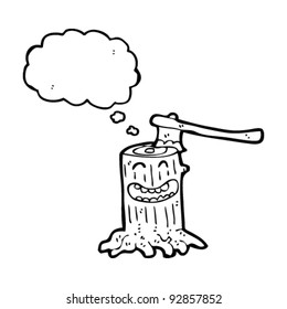 laughing tree stump with axe in head