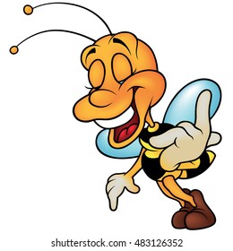 Laughing Wasp Pointing The Top - Colored Cartoon Illustration, Vector