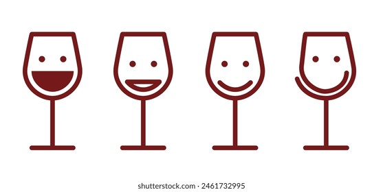 Laughing wine glasses with happy smile face. Cartoon drawing red glass for alcohol. Friends or friendship to cheers. Dry january, no wine day. Wine tasting, sommelier icon. Wine not.