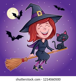 Laughing Witch On Broom With Cat