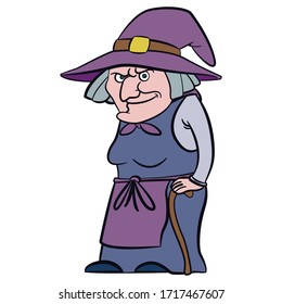 a laughing witch with a pointed hat and walking stick. Halloween, comic, illustration.