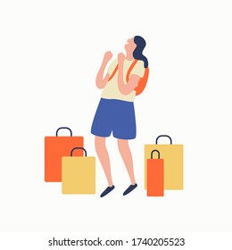 Laughing woman with backpack rejoicing surrounded by shopping bag vector flat illustration. Happy female teenager having fun enjoying sale isolated on white. Smiling girl standing with purchases