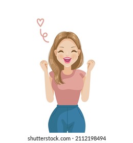 laughing woman and cheers gesture feeling joyful. templates presented by people copy space for text and products.