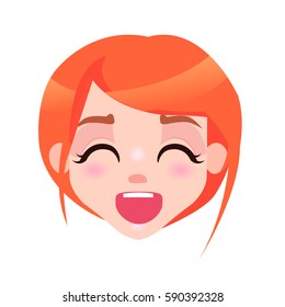 Laughing woman with closed eyes and open mouth isolated on white background. Redhead girl avatar userpic in flat style design. Vector illustration of human emotion of happiness close up portrait