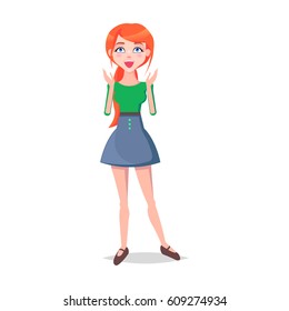 Laughing woman with closed eyes and open mouth isolated on white background. Redhead girl avatar userpic in flat style design. Vector illustration of glad human in green blouse and blue skirt