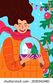 Laughing woman holding snow globe with house and xmas tree inside. Merry Christmas and Happy New Year hand drawn poster. Celebration eve drawing greeting card. Vector eps illustration