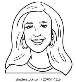 laughing woman with long hair and earrings. outline, comic, portrait, monochrome.