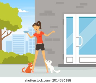 Laughing Woman with Milk Bowl Feeding Street Cats Vector Illustration