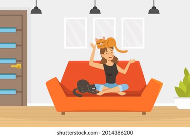 Laughing Woman Pet Owner Sitting on Sofa Playing with Cats Vector Illustration