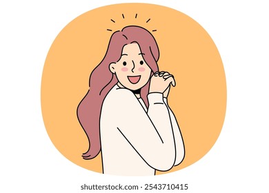 Laughing woman raises hands and looks at screen, enjoying meeting you or glad to receive good news. Laughing girl with long hair experiences delight and positive emotions after achieving goals