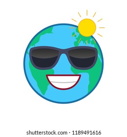 Laughing world globe isolated emoticon. Satisfied planet emoji. Social communication and weather widget. Confident face showing facial emotion. Earth with sunglasses. Weather forecast vector element