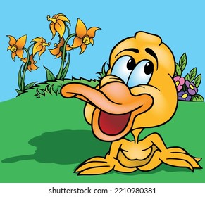 Laughing Yellow Duck with Blue Eyes - Colored Cartoon Illustration with Background, Vector