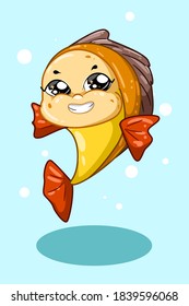 A laughing yellow red fish with blue background