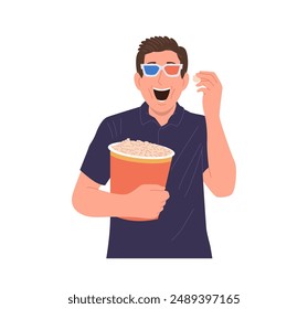 Personaje de dibujos animados de hombre joven riéndose con gafas comiendo palomitas de maíz viendo una película de cine