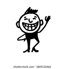 Laughing young man. A hand-drawn cartoon character. Black and white vector illustration
