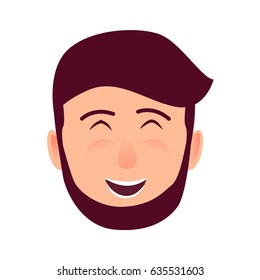 Laughing young man rosy face icon. Bearded, brown-haired widely smiling with closed eyes flat vector isolated on white background. Hipster cartoon emotive portrait for user avatar illustration
