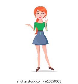 Laughing young woman illustration. Beautiful redhead girl in blouse and short skirt standing with rosy smiling face flat vector isolated on white background. Joyed emotional female cartoon character