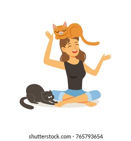 Laughing young woman sitting with legs crossed. Red cat on girl s head, black cat next to hostess. Female character having fun with kittens. Domestic animal. Flat vector