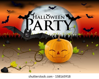 laughs pumpkin with bat under a bright moon in the night of Halloween