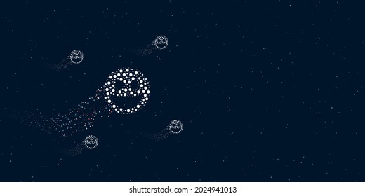 A laughter face symbol filled with dots flies through the stars leaving a trail behind. There are four small symbols around. Vector illustration on dark blue background with stars