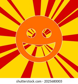 Laughter face symbol on a background of red flash explosion radial lines. A large orange symbol is located in the center of the sunrise. Vector illustration on yellow background