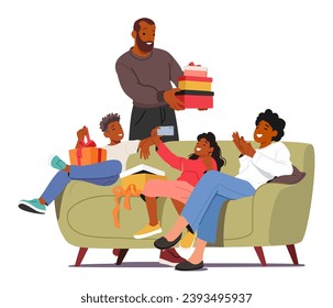 Laughter Fills The Room As The Family Characters Exchanges Gifts, Joyous Faces Unwrapping Surprises. Love Wraps Each Carefully Chosen Present, Creating A Festive Tapestry Of Shared Happiness