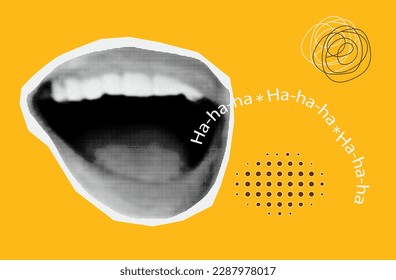 Laughter, halftone collage. Large open female mouth, nervous loud laughter, reaction or human condition. Contemporary vector art. Fun, happy emotion. Cool crazy template, halftone design dotty style.