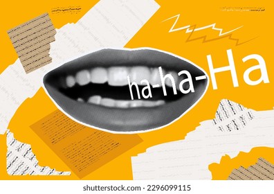 Lachen, Halftone Collage. Große offene weibliche Mundhöhle, lautes Lachen, Reaktion, Zustand. Zeitgenössische Vektorkunst. Fröhliche Emotionen. Cool verrückte Vorlage, Halbtondesign, Zeitung, Zeitschriftenausschnitte.