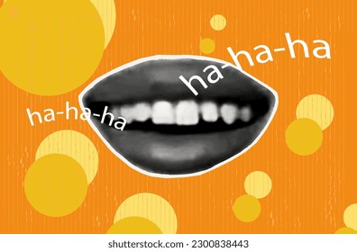 Laughter, halftone collage. Large open female mouth, nervous loud laughter, reaction or human condition. Contemporary vector art. Fun, happy emotion. Cool crazy template, halftone design dotty style.