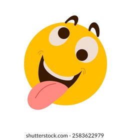 Laughting emoji with tongue. Vector hand drawn illustraton of funny yellow emoticon for print, web, sticker