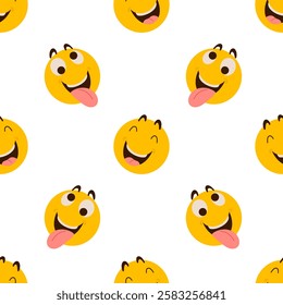 Laughting emoticon symbols vector seamless pattern. Bright background with yellow emoji.  Backdrop for Joke Day isolated on white for wrapping, textile, print, web