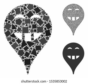 Laugth smiley map marker mosaic of ragged pieces in various sizes and color tinges, based on laugth smiley map marker icon. Vector bumpy pieces are composed into mosaic.