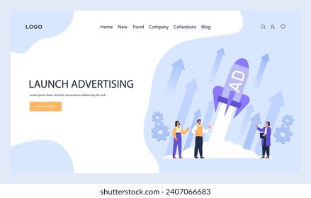 Launch Advertising concept. Marketers celebrate the kickoff of a dynamic ad campaign, aiming for market penetration and brand awareness. Strategic promotion. Flat vector illustration