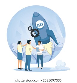 Launch Advertising concept. Marketers celebrate the kickoff of a dynamic ad campaign, aiming for market penetration and brand awareness. Flat vector modern illustration 