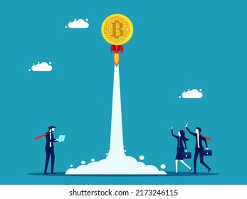 Launch Bitcoin. Digital coins soar into the sky. investment concept vector