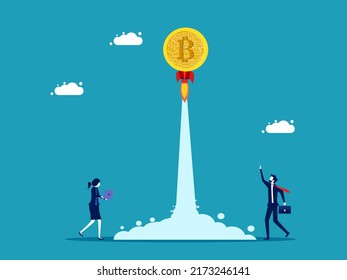 Launch Bitcoin. Digital coins soar into the sky. investment concept vector