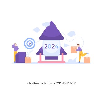 Launch a business in 2024. Preparing for the release of a start-up company. Build and develop businesses with partners. teamwork and company. Businessmen prepare a rocket for launch. illustration