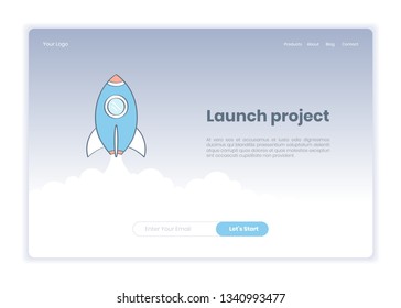 Launch Business project, successful launch of startup header landing page template. Rocket Launch and UI web registration form banner. Flat outline modern vector on white background.