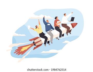 Lanzamiento del concepto de inicio de negocios. Equipo de emprendedores volando en cohete. Grupo de personas en camino al éxito, el desarrollo y el logro de los objetivos. Ilustración vectorial plana aislada en fondo blanco