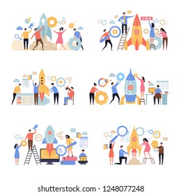 Launch business startup. Rocket successful company new working idea business metaphor office characters people managers vector scene