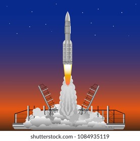 Launch of a carrier rocket from the cosmodrome. Takeoff of a rocket into outer space. Nuclear weapons, vector