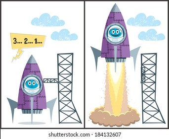 Launch: Comics about rocket taking off. No transparency and gradients used.