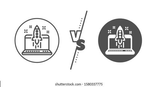 Launch crowdfunding project sign. Versus concept. Start business line icon. Innovation symbol. Line vs classic start business icon. Vector