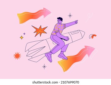 Launch and development of start up. Young man flying on the rocket in sky. Businessman aim for a goal. Hand drawn vector illustration isolated on purple background. Modern trendy flat cartoon style.