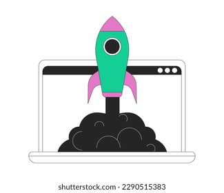 Launch e-commerce business flat line concept vector spot illustration. Rocket in laptop 2D cartoon outline object on white for web UI design. Editable hero image for website landing, mobile header