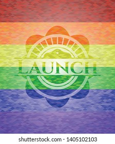 Launch emblem on mosaic background with the colors of the LGBT flag
