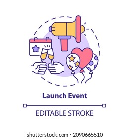 Launch event concept icon. Presenting new product party for customers. Startup ad strategy abstract idea thin line illustration. Vector isolated outline color drawing. Editable stroke