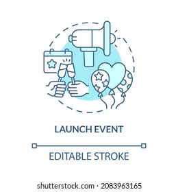 Launch event party concept icon. Presenting new product party for customers. Startup ad strategy abstract idea thin line illustration. Vector isolated outline color drawing. Editable stroke